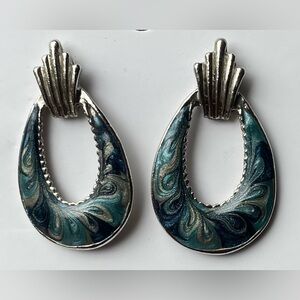 Vintage-Style Teardrop Earrings with Blue & Silver Swirl Enamel